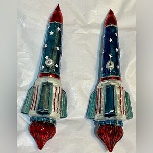Dillards 2 Glass Red/White/Blue with Glitter & Stars 🚀 Rocket Ornaments
